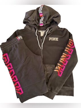 Victoria's Secret PINK Black Zip Hoodie Jogger Set with Sequin Logo